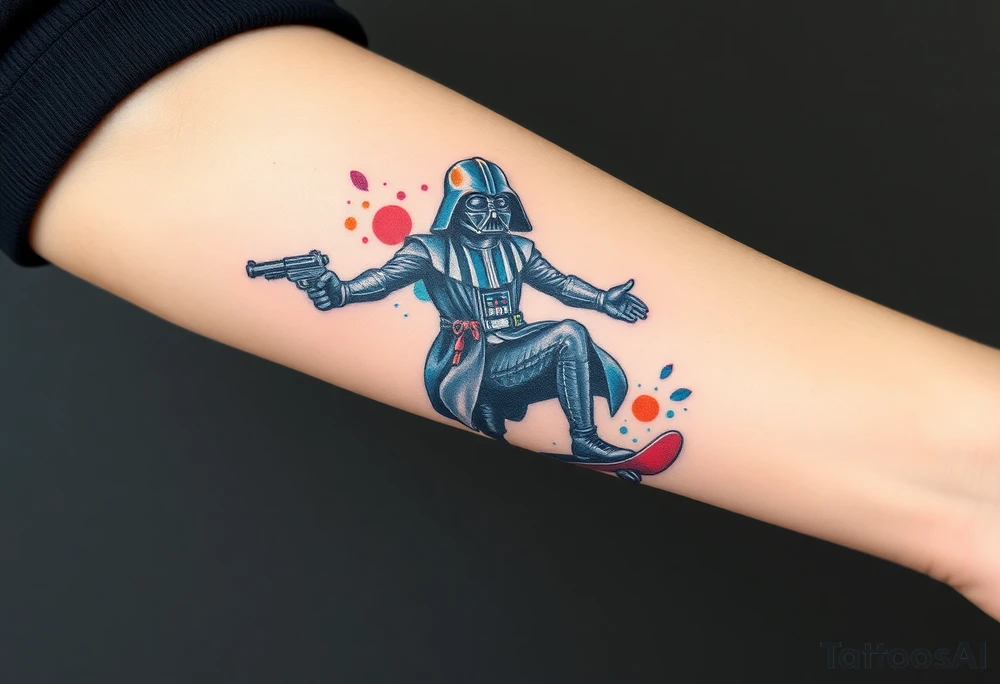 Darth Vader skateboarding with gun> bullets > memorial > god > colors > futuristic/space/star wars
add name "Darth Carter" on skateboard
add date 12/29/88-01/06/24 tattoo idea