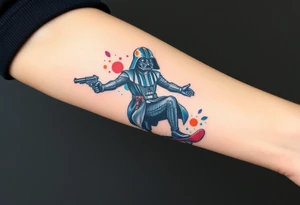 Darth Vader skateboarding with gun> bullets > memorial > god > colors > futuristic/space/star wars
add name "Darth Carter" on skateboard
add date 12/29/88-01/06/24 tattoo idea