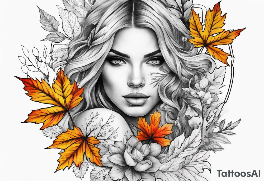 Front knee tattoo with fall colors, flowers, leaves, water flow tattoo idea