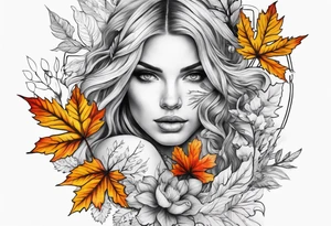 Front knee tattoo with fall colors, flowers, leaves, water flow tattoo idea