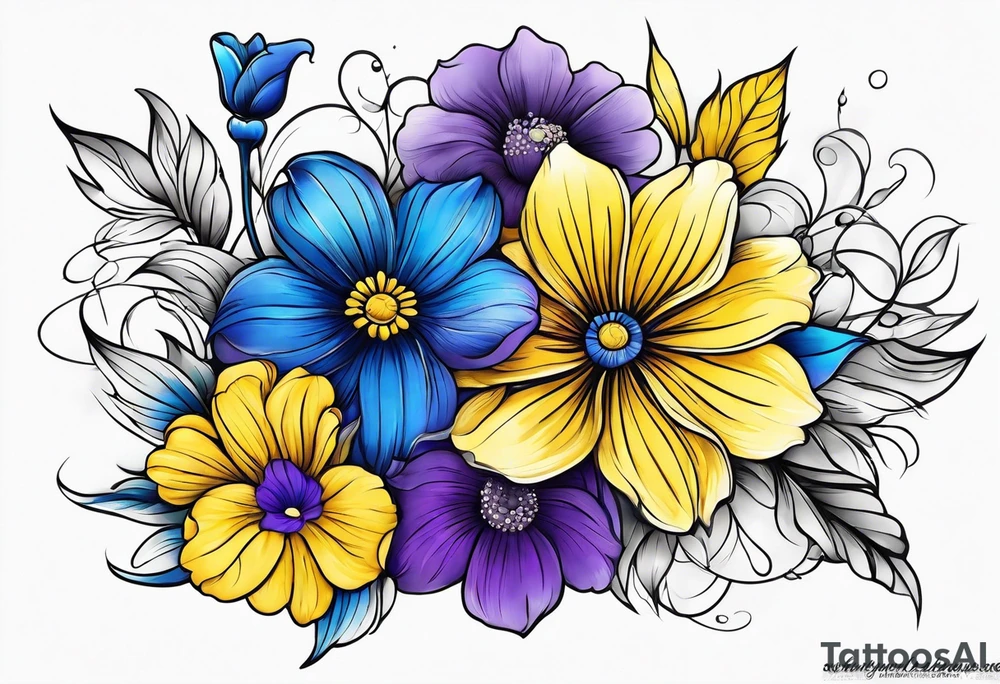 Blue yellow and purple flowers arm sleeve tattoo idea