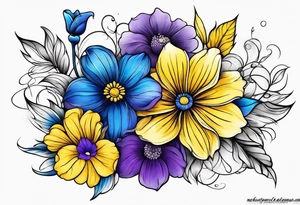 Blue yellow and purple flowers arm sleeve tattoo idea