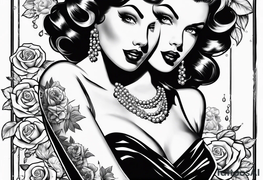 1950s pinup pumps wrapped with pearl necklaces and flowers tattoo idea