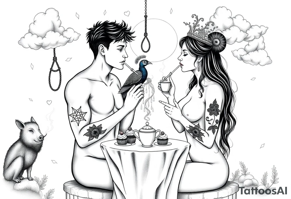 Mystical Naked Man and woman having sex eating cupcakes and  fruit  having sex clouds gothic sexy naked fat lady having a tea party with tea pot at a famcycastle  
with a pigs, peacock, noose, lion, goat, smoking cigerettes looking in the mirror thru storm clouds with razor blades and broken hearts and darkness and wrath, envy , gluttony, greed, sloth, pride kill tattoo idea