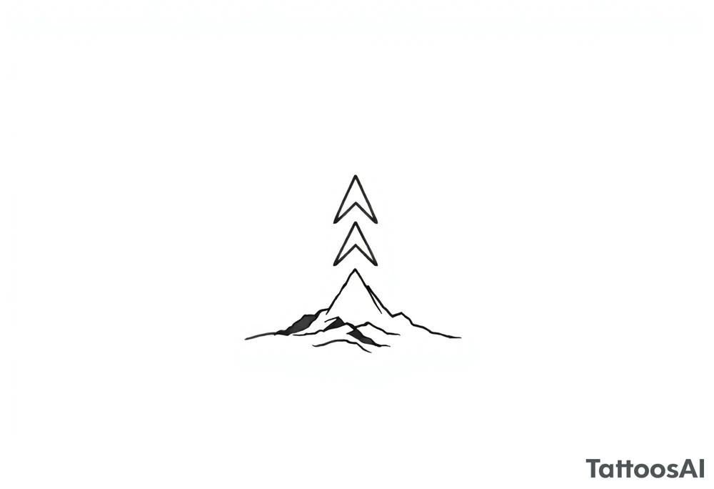 A stacked geometric design resembling a trail marker, consisting of three progressively smaller angular “arrowhead” shapes pointing upward. Beneath the arrow shapes, a thin, curved line flows gently, representing terrain, trails, or movement across landscapes. The design is abstract and highly symbolic, with clean, sharp edges. tattoo idea