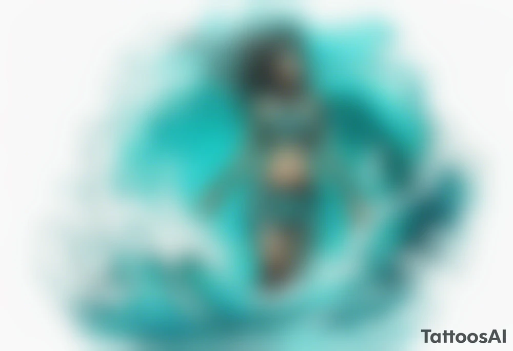 a turquoise Na'vi woman standing in the sea with water for legs surrounded by crashing waves tattoo idea