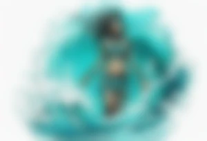a turquoise Na'vi woman standing in the sea with water for legs surrounded by crashing waves tattoo idea