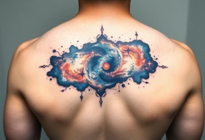 The galaxy using negative spaces with hints of blue and copper tattoo idea