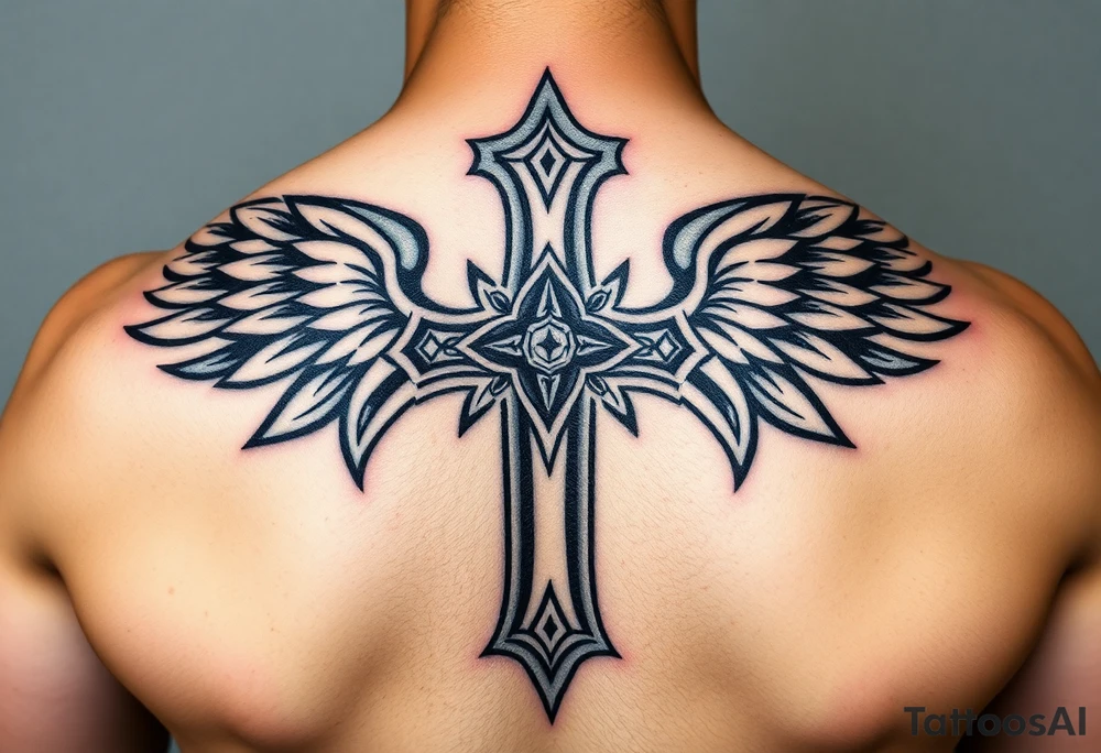 A metal cross with scratches and dents, with warrior-like armored wings in steel gray tattoo idea