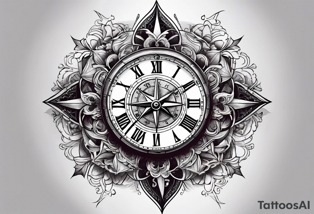 Cross with clock and compass in the middle tattoo idea