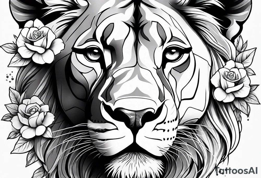 Lioness head with flowers tattoo idea