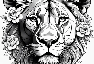 Lioness head with flowers tattoo idea