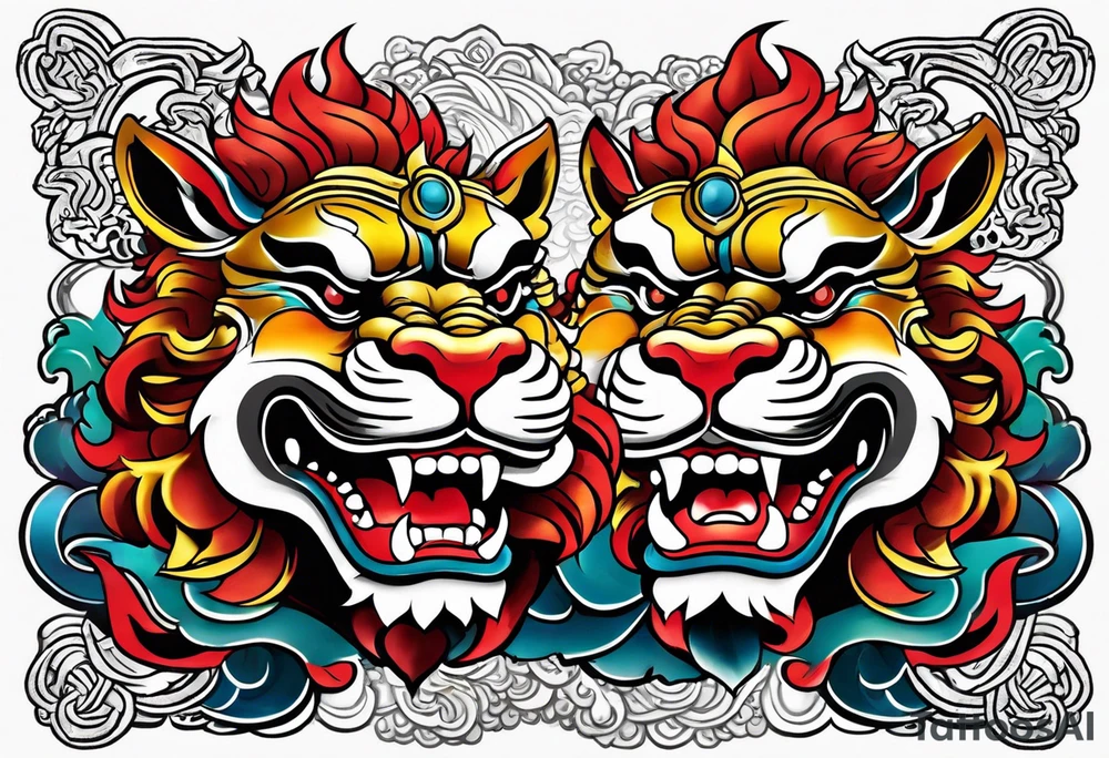 Traditional Okinawa shisa pair, One has their mouth closed, the other with their mouth open tattoo idea