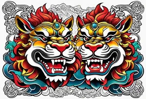 Traditional Okinawa shisa pair, One has their mouth closed, the other with their mouth open tattoo idea