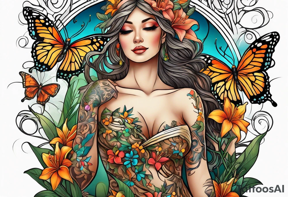 Wood nymph made or bark and branches standing upright. Butterflies in background. Lillies near her feet with colorful vegetation. tattoo idea