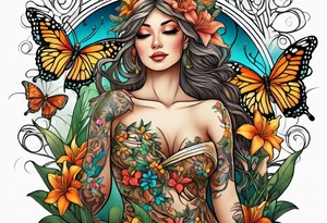Wood nymph made or bark and branches standing upright. Butterflies in background. Lillies near her feet with colorful vegetation. tattoo idea
