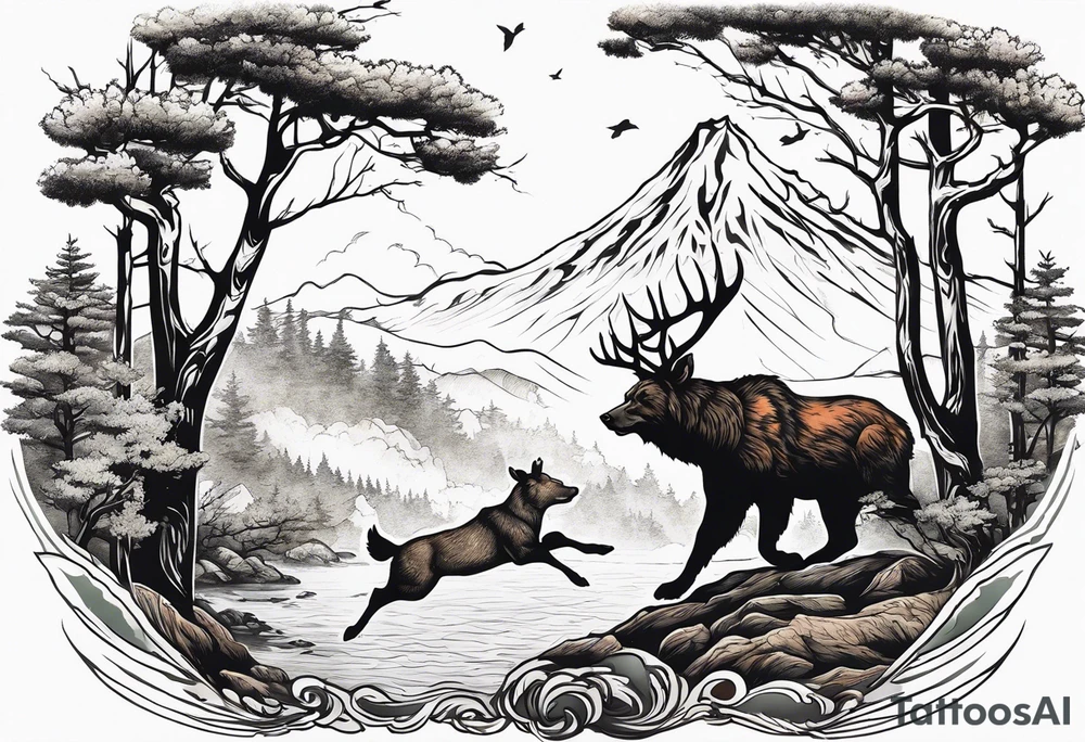 Hunter hunting deer being chased by a bear tattoo idea