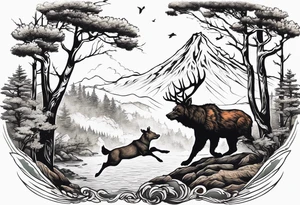 Hunter hunting deer being chased by a bear tattoo idea