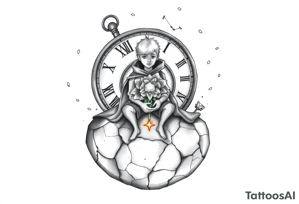 A reimagined masculine version of The Little Prince sitting on a cracked, floating planet. He has a calm,  wearing a slightly worn cloak. Behind him floats a broken clock with exposed gears, representing anxiety and overthinking. Instead of a rose, a flower wraps around a sword stuck into the ground—symbolizing love and emotional struggle. A glowing star burns in his chest, symbolizing inner strength and controlled passion. Around him are small floating fragments, like puzzle pieces or mechanical parts—representing deep thought and attention to detail. The sky shows incomplete constellations, symbolizing the search for connection and meaning. Style: fine line with surrealist touches, black and grey, minimalist shading. tattoo idea