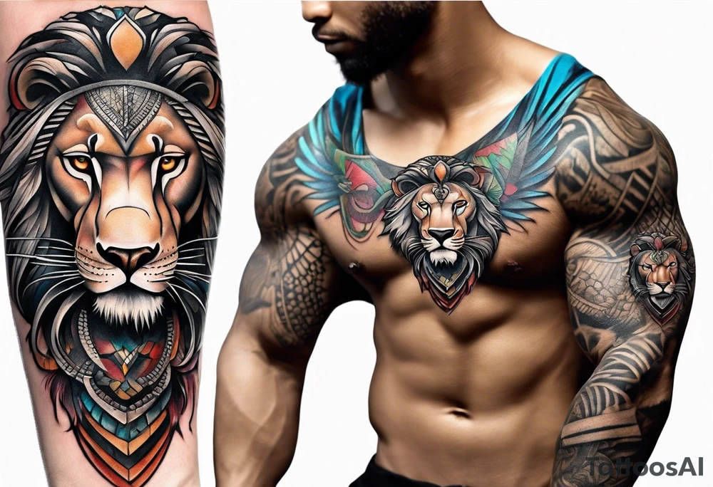 Forearm tattoo of a African warrior with a lion tattoo idea