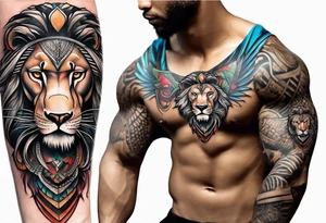 Forearm tattoo of a African warrior with a lion tattoo idea