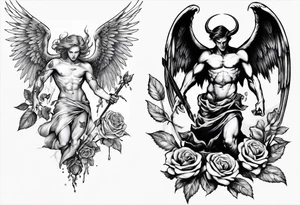 Archangel fighting a demon with roses tattoo idea