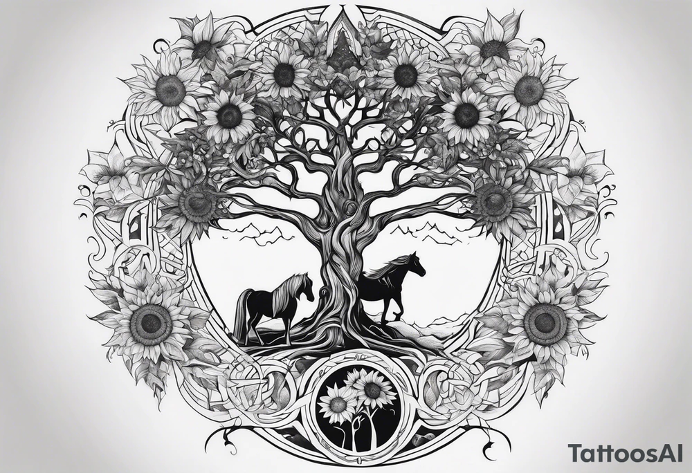 Yggdrasil tree, horse, sunflower tattoo idea