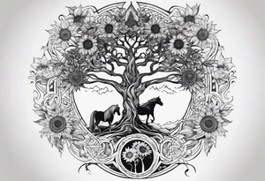 Yggdrasil tree, horse, sunflower tattoo idea