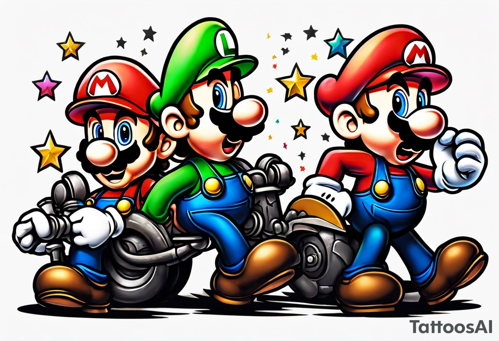Mario and Luigi big muscles with toadstool and cannons and bombs stars tattoo idea