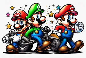 Mario and Luigi big muscles with toadstool and cannons and bombs stars tattoo idea