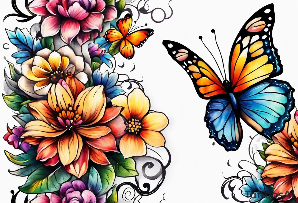 Sleeve with butterflies and colorful flowers tattoo idea