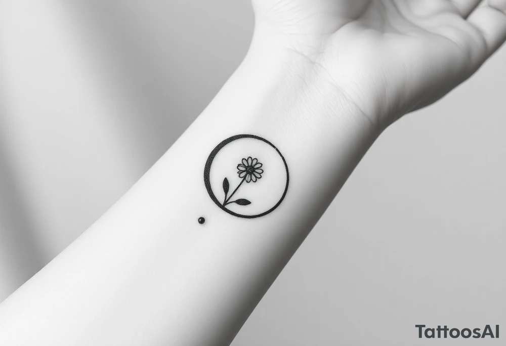 Small black and white tattoo waxing crescent moon with small Daisy birth flower and tiny Leo gliph tattoo idea