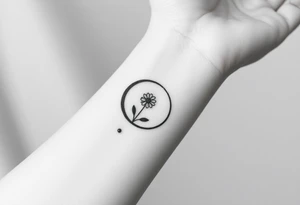 Small black and white tattoo waxing crescent moon with small Daisy birth flower and tiny Leo gliph tattoo idea