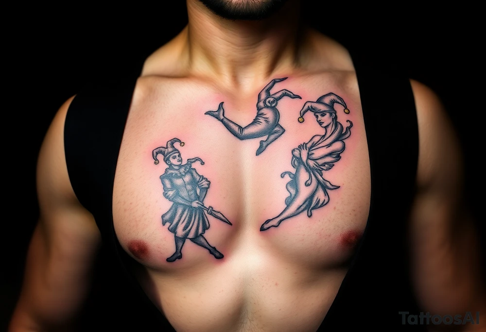 jester hovering over woman in smoke tattoo idea