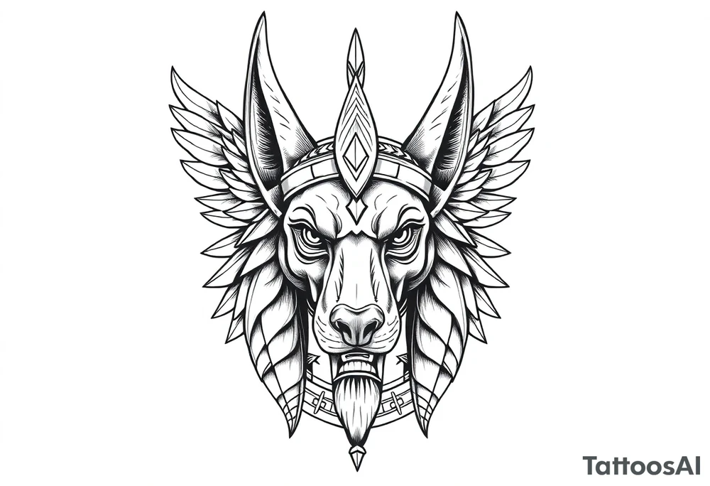 Egyptian Anubis god face muscle in Egypt style  with mantle on head

dog face surrounded Egyptian symbols based on elements tattoo idea
