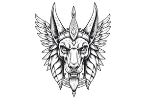 Egyptian Anubis god face muscle in Egypt style  with mantle on head

dog face surrounded Egyptian symbols based on elements tattoo idea