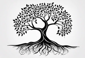 A tree growing from roots within body, with branches reaching outward with the text "life comes from you not at you" tattoo idea