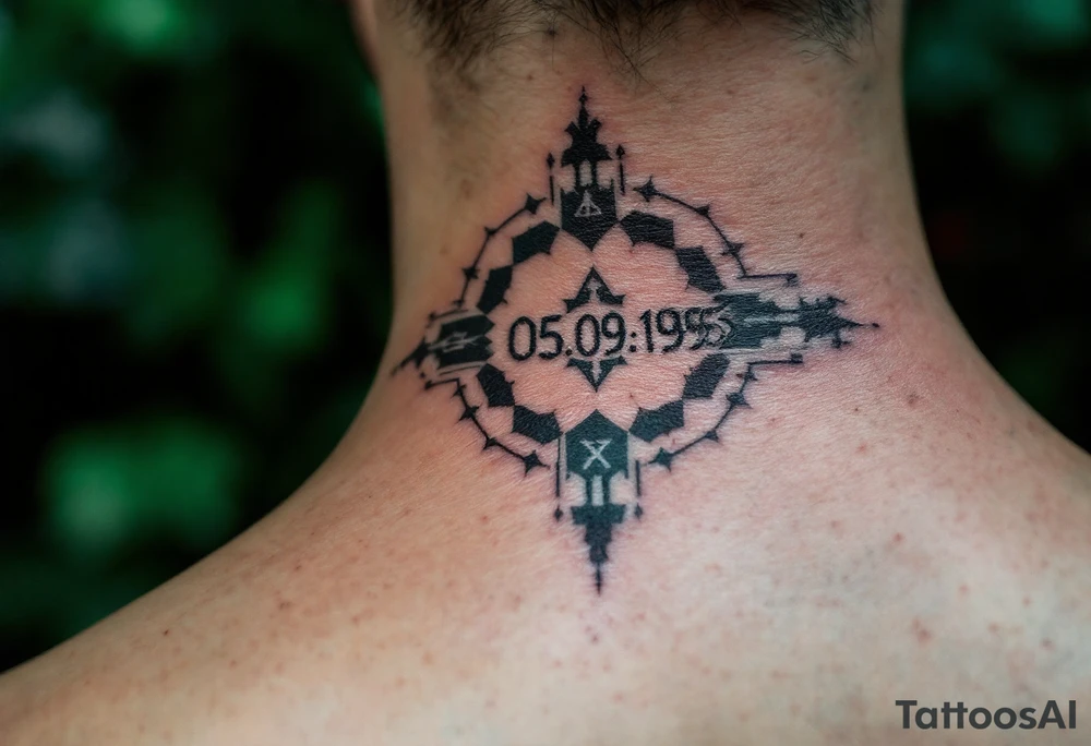 Sharp 05.09.1995 in stencil-style black numbers with hints of dark forest green behind. tattoo idea