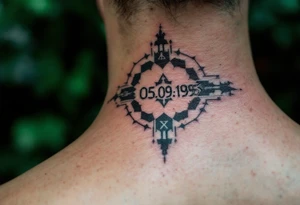 Sharp 05.09.1995 in stencil-style black numbers with hints of dark forest green behind. tattoo idea