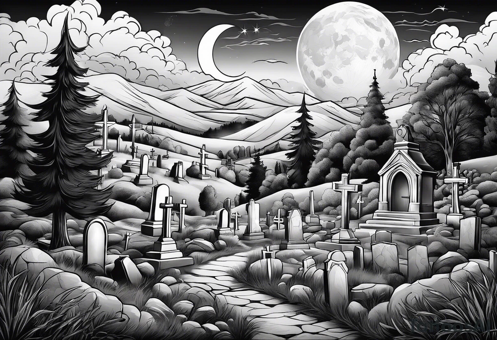 Cemetery on hills with smoke and moon tattoo idea