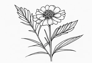 one very simple and no detailed Acacia pycnantha flower with stem in black and white, the few lines possible, fine-line tattoo idea