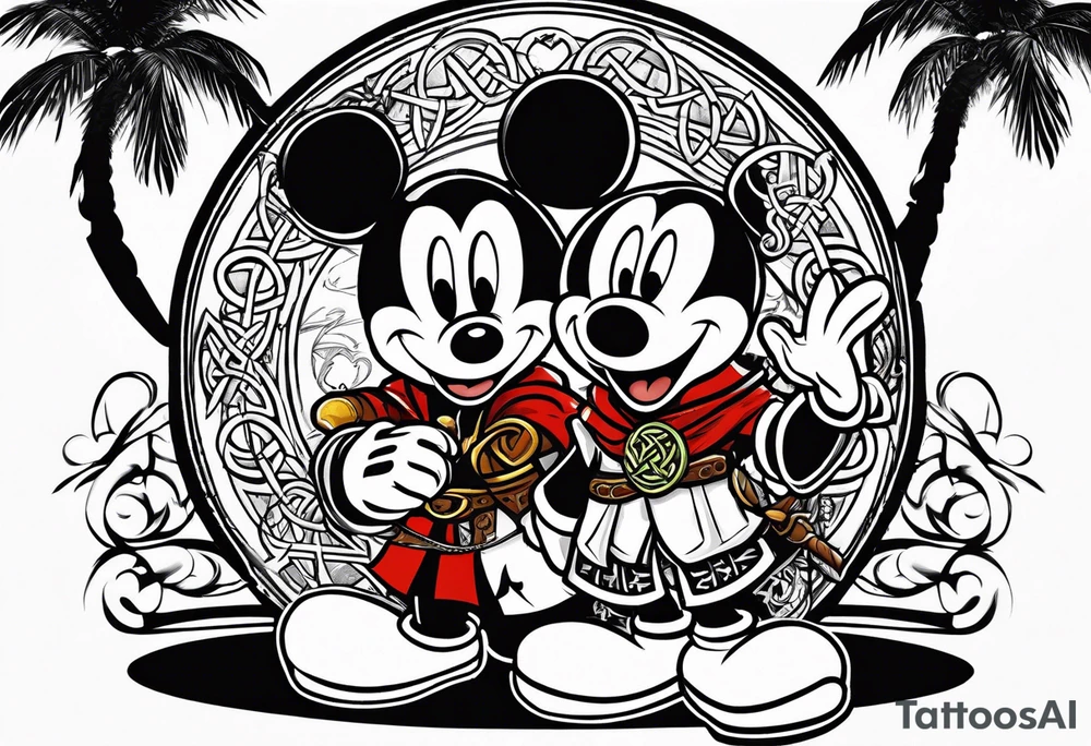mickey mouse as black flag assassins creed character with palm trees and celtic symbol for family tattoo idea
