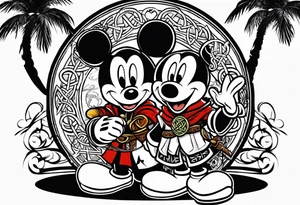 mickey mouse as black flag assassins creed character with palm trees and celtic symbol for family tattoo idea