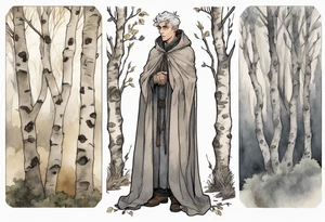 a solitary medieval thoughtful Tan France wearing a grey cloak standing in a birch forest tattoo idea