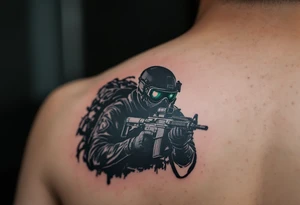 Navy Seal Soldier in Night Ops – A soldier in sleek black gear, carrying a suppressed weapon, crouching in the shadows, with night vision goggles reflecting an eerie green light. tattoo idea