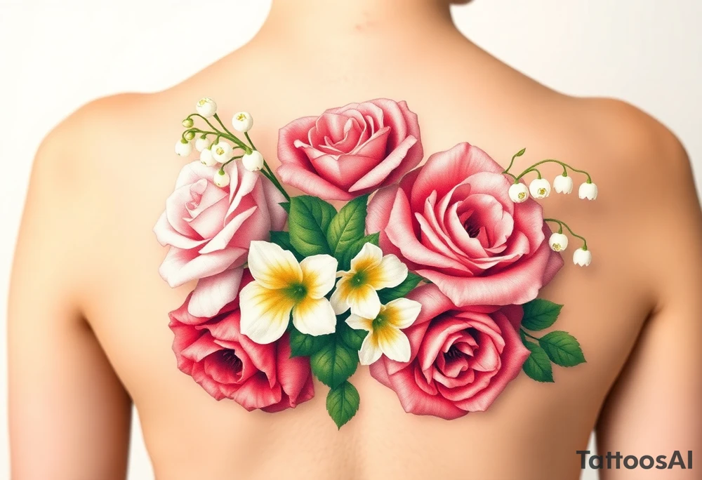 3d Bouquet of Carnation, Astor, Rose, Lily of the valley, Larkspur with realistic, no black tattoo idea