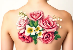 3d Bouquet of Carnation, Astor, Rose, Lily of the valley, Larkspur with realistic, no black tattoo idea