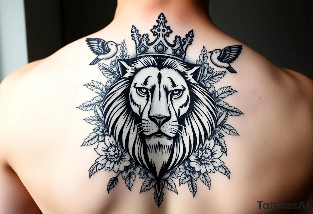 powerful majestic lion with a crown, surrounded by floral ornaments and birds tattoo idea