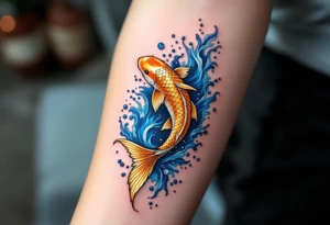 Metallic Gold Koi with Waterfall – A glowing gold koi jumping through cascading silver-blue water, symbolizing ambition and achieving higher goals. tattoo idea