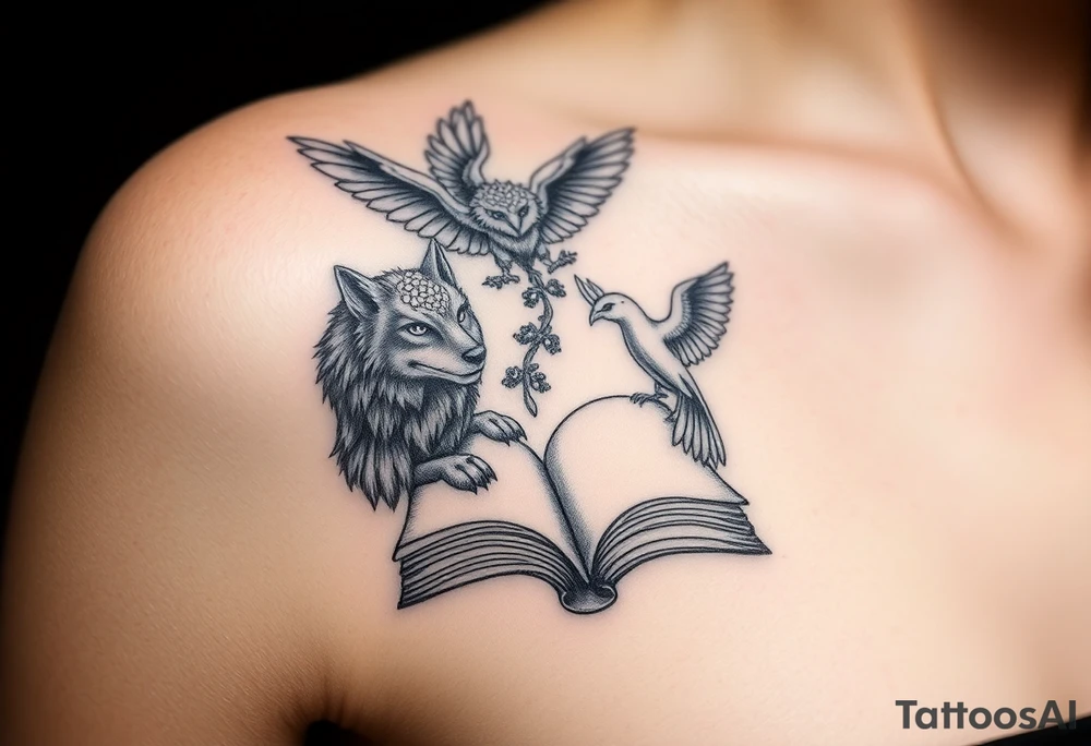 An open book with a werewolf, owl, dragon & phoenix above it tattoo idea An open book with a werewolf, owl, dragon & phoenix above it tattoo idea